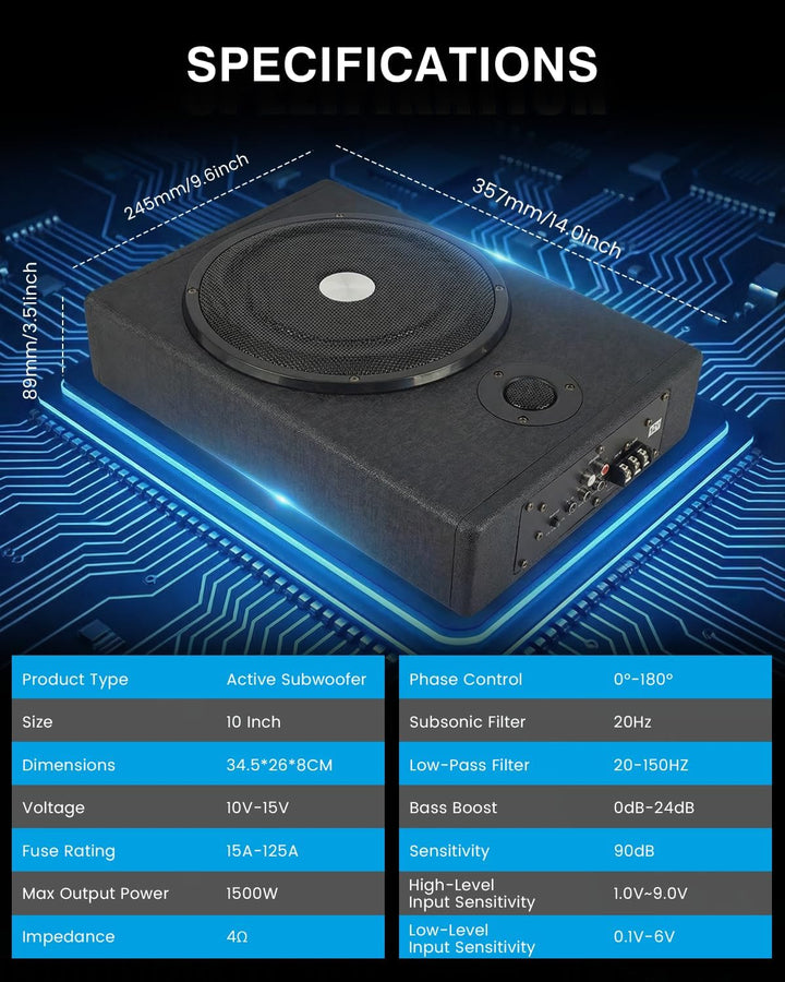 Auto Untersitz Subwoofer Aktiv 1500W, Ultraflach, Hochleistung
