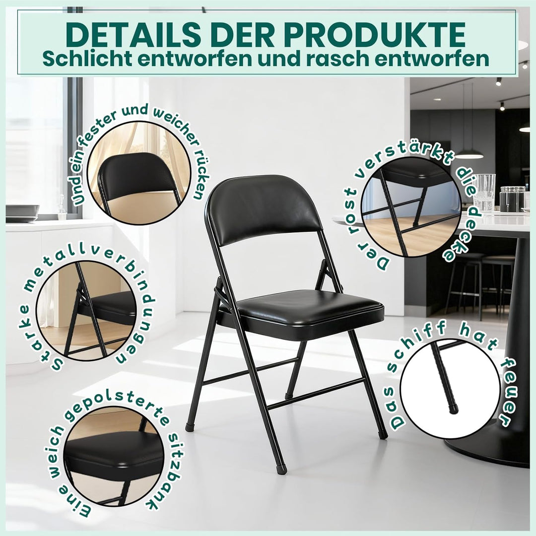 Klappstuhl mit PU-Leder &amp; Polsterung, Stabiler Metallrahmen, Leicht &amp; Platzsparend, für Büro, Zuhaus