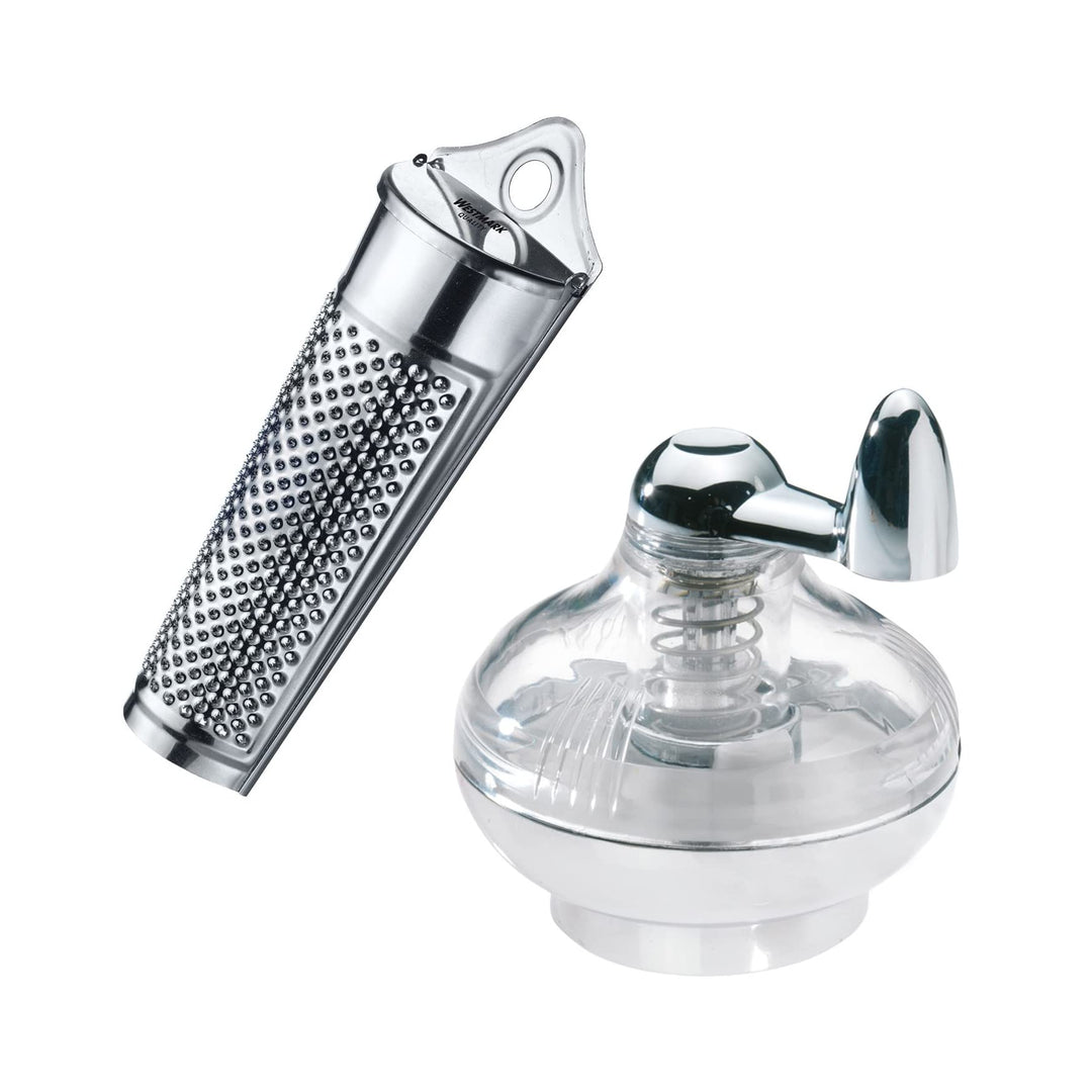 Westmark 1 Muskatmühle + 1 Muskatreibe, mit Vorratsfläche, Kunststoff/Rostfreier Edelstahl, Silber/T
