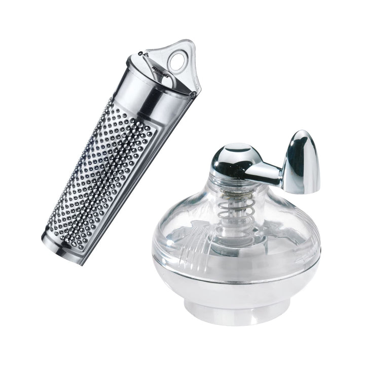 Westmark 1 Muskatmühle + 1 Muskatreibe, mit Vorratsfläche, Kunststoff/Rostfreier Edelstahl, Silber/T