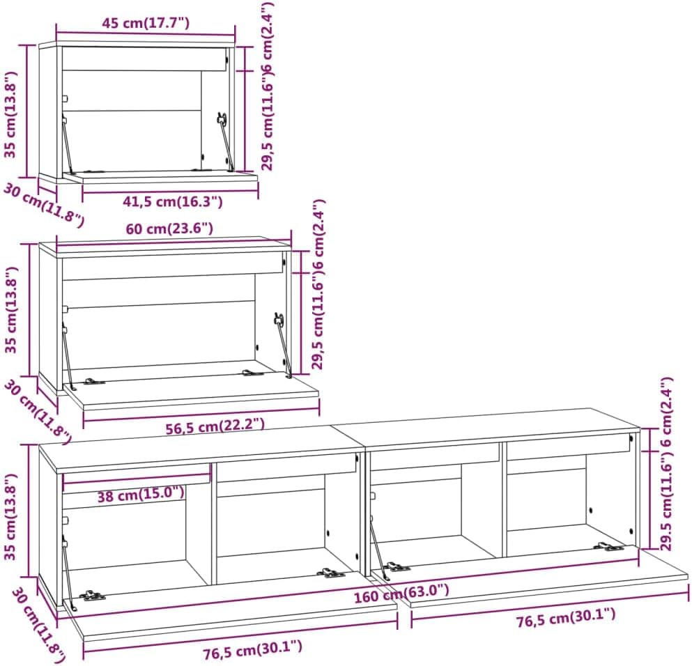 vidaXL TV Schrank 4-TLG. Wandschrank Hängeschrank Wohnwand Lowboard Fernsehschrank Fernsehtisch TV M
