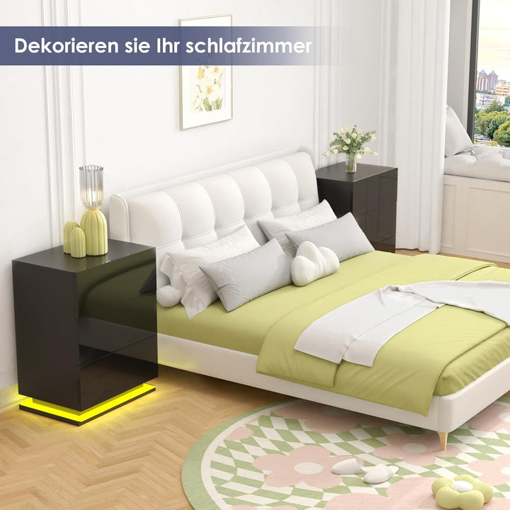 Lvhecforhm 2er Set Nachttisch Schwarz, Nachttische Hochglanz Front, Nachttisch Schwarz mit 3 Schubla