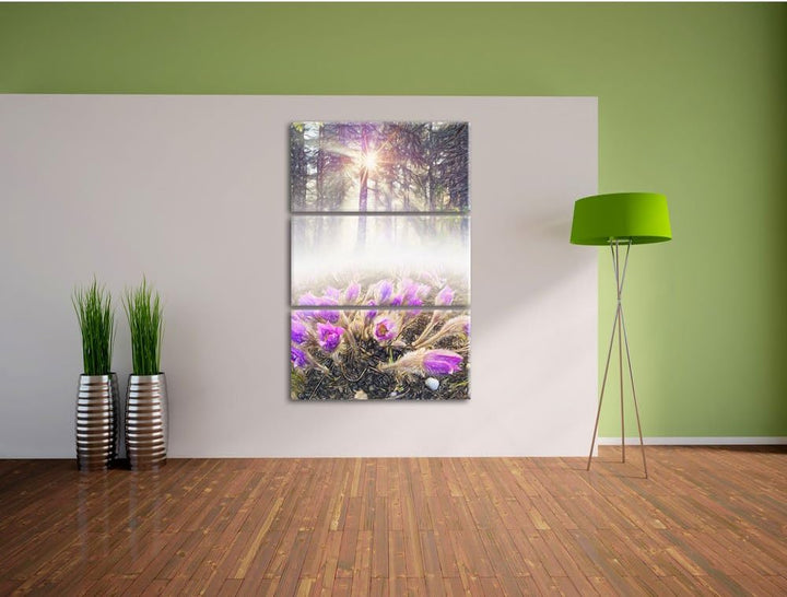 Pixxprint blühende lila Blumen im Wald Kunst Buntstift Effekt 3-Teiler Leinwandbild 120x80 Bild auf