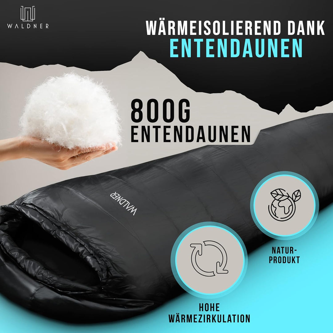 WALDNER Daunenschlafsack Ultraleicht, kleines Packmass, 4 Jahreszeiten, 800g Daunen, 600FP Bauschkra