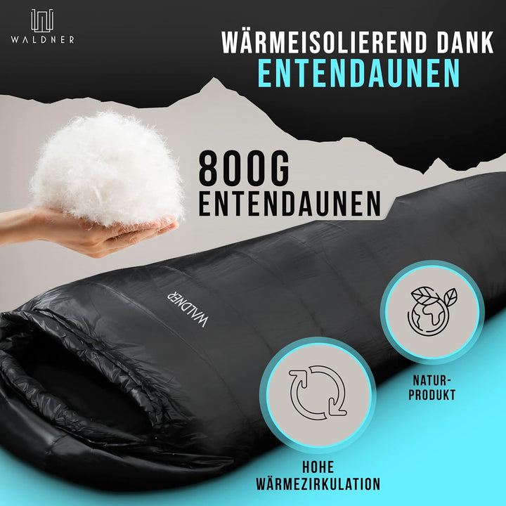 WALDNER Daunenschlafsack Ultraleicht, kleines Packmass, 4 Jahreszeiten, 800g Daunen, 600FP Bauschkra