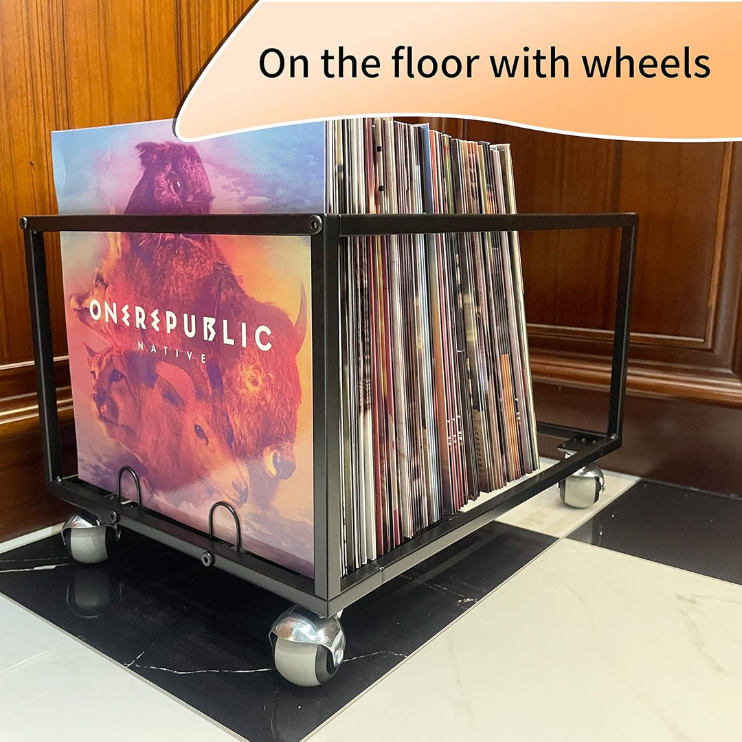 Schallplatten-Halter auf Rädern – für bis zu 100 LP – Albumhalter – Vinyl-Schallplatten-Organizer –