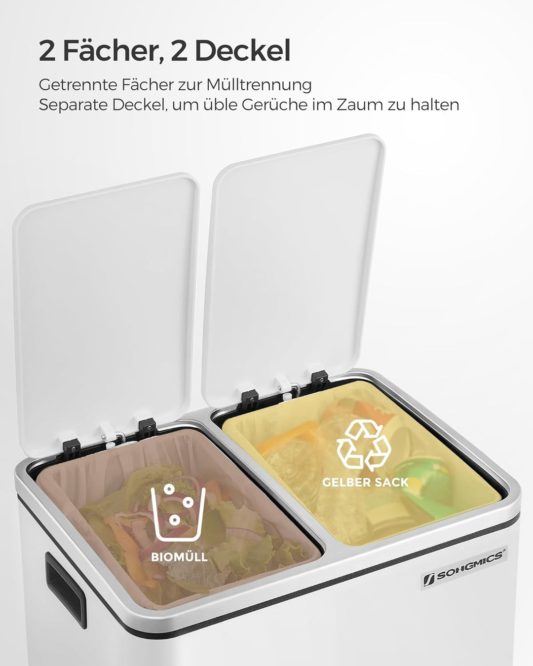 SONGMICS Mülleimer Küche, 2 x 15 Liter, Mülltrennsystem 2 Fächer, Abfalleimer, Treteimer, für gelben