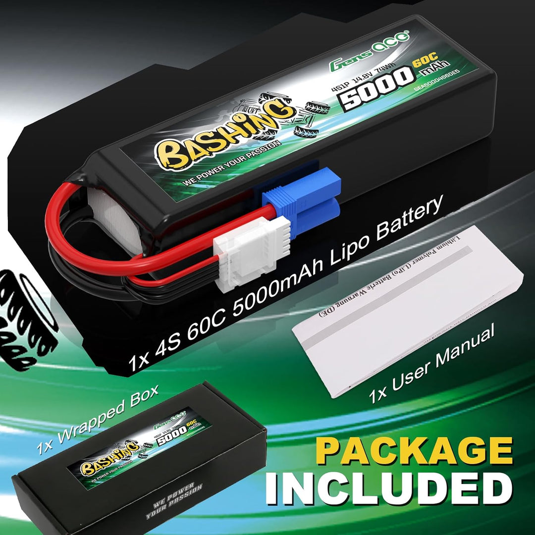 Gens Ace 4S LiPo Akku 5000mAh 14.8V 60C mit EC5 Steck Bashing Batterie für RC Auto, RC Flugzeug, RC
