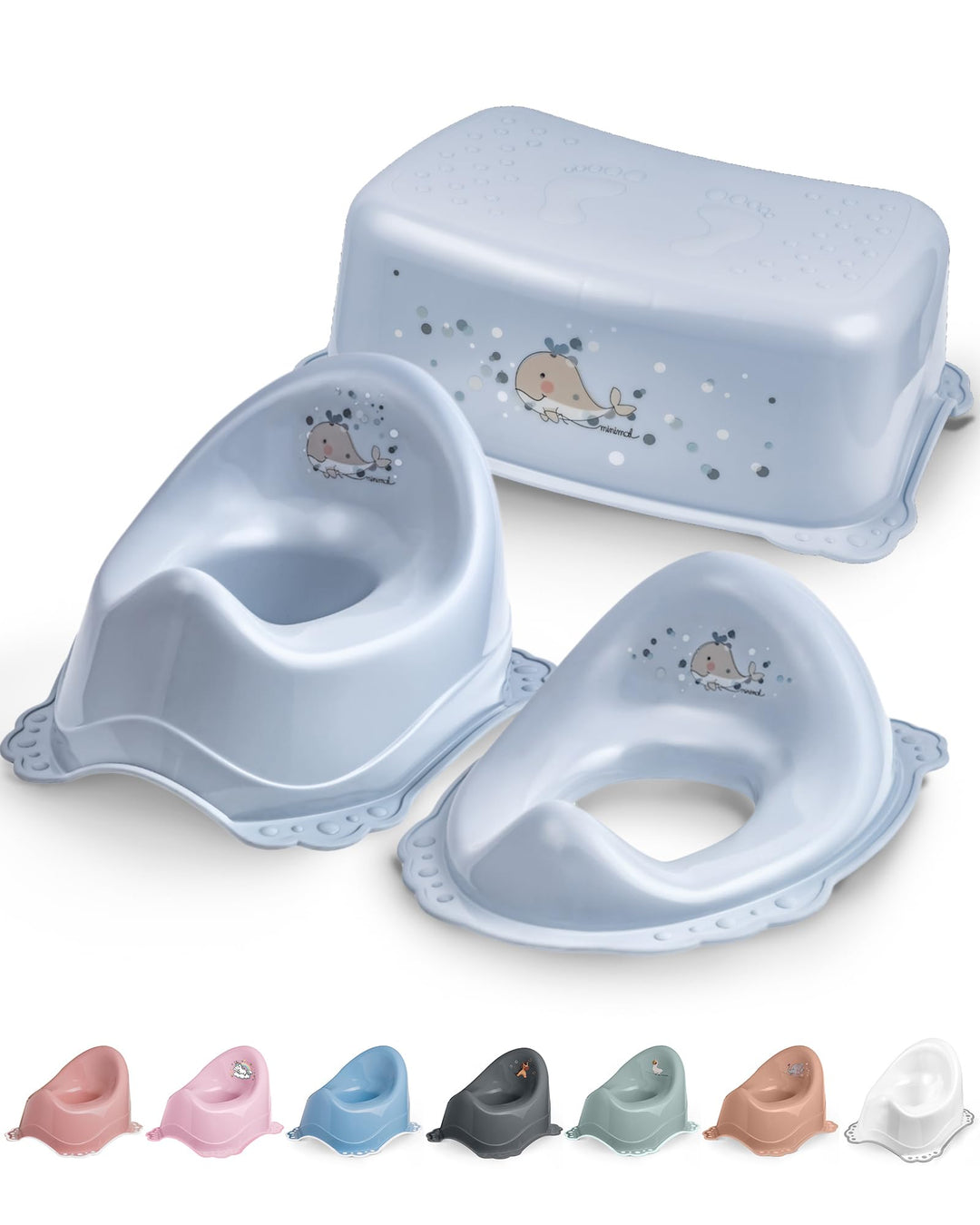 Kinder Töpfchen Set 3 in 1 ab 1 Jahr blau Wal – Töpfchenset Jungen Mädchen stabil rutschfest und hyg