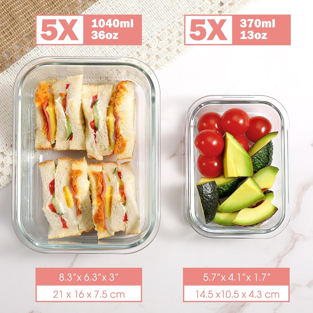YASHE Glasbehälter mit Deckel, 10 Teile Stapelbar & Luftdicht Meal Prep Boxen Glas für Spülmaschine,