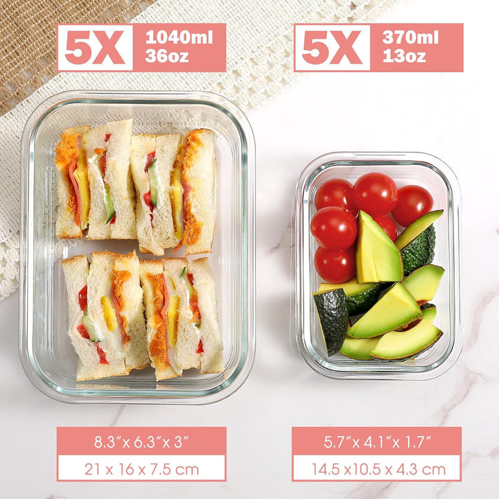 YASHE Glasbehälter mit Deckel, 10 Teile Stapelbar & Luftdicht Meal Prep Boxen Glas für Spülmaschine,