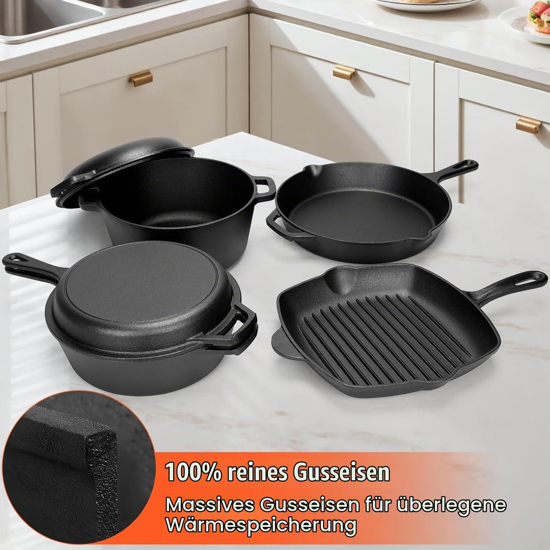 GFTIME Gusseisen Kochgeschirr Set 5-teilig, Gusseisen mit Dutch Oven 5 QT, Schmortopf 3,2 QT mit Pfa