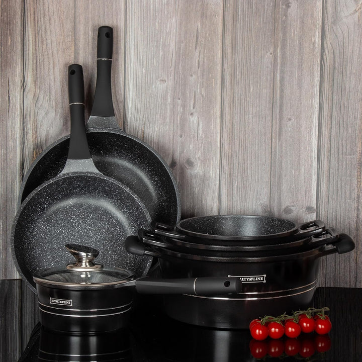 Royalty Line® Topfset 14 Tlg. Schwarz - Töpfe Set geeignet für Induktion - Kochtopf Set & Pfannen mi