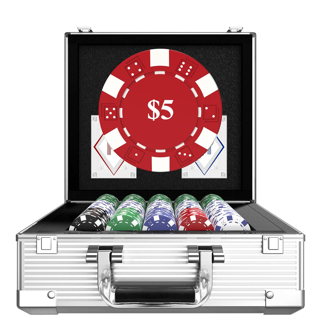 Pokerchips Set 600 Stück mit Zahlen, Aluminiumkoffer, 11,5g Eisenkern Chips, 2 Spielkarten, 5 Wertst