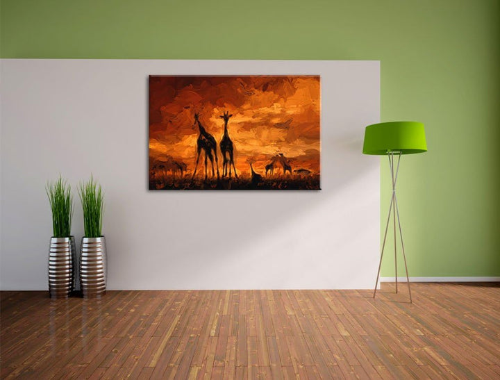 Pixxprint Giraffen im Sonnenuntergang als Leinwandbild/Grösse: 100x70 cm/Wandbild/Kunstdruck/fertig