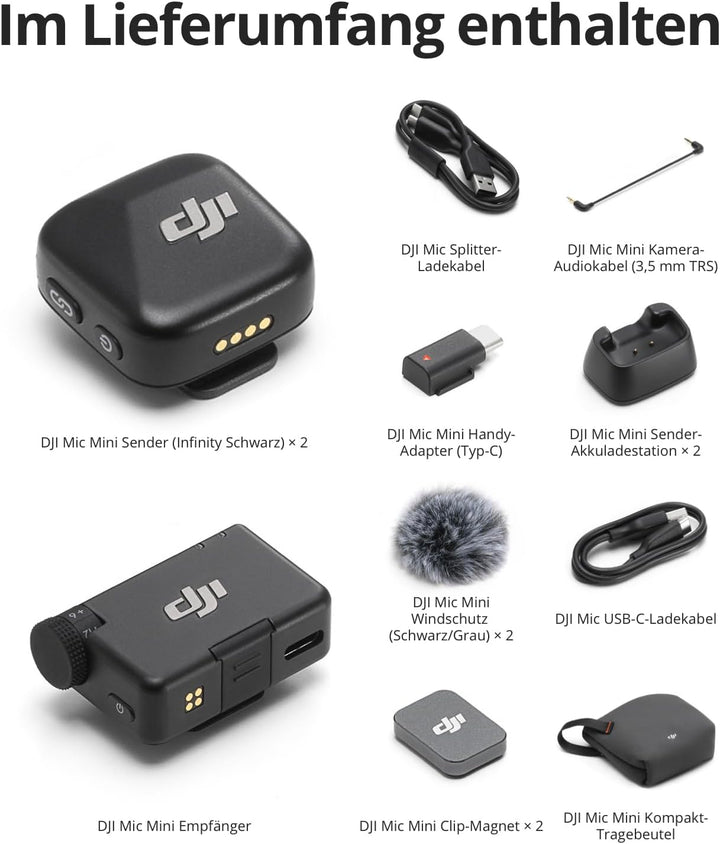 DJI Mic Mini (2 Sender + 1 Empfänger), Detailreicher Klang, Kabelloses Lavaliermikrofon für Kamera/A