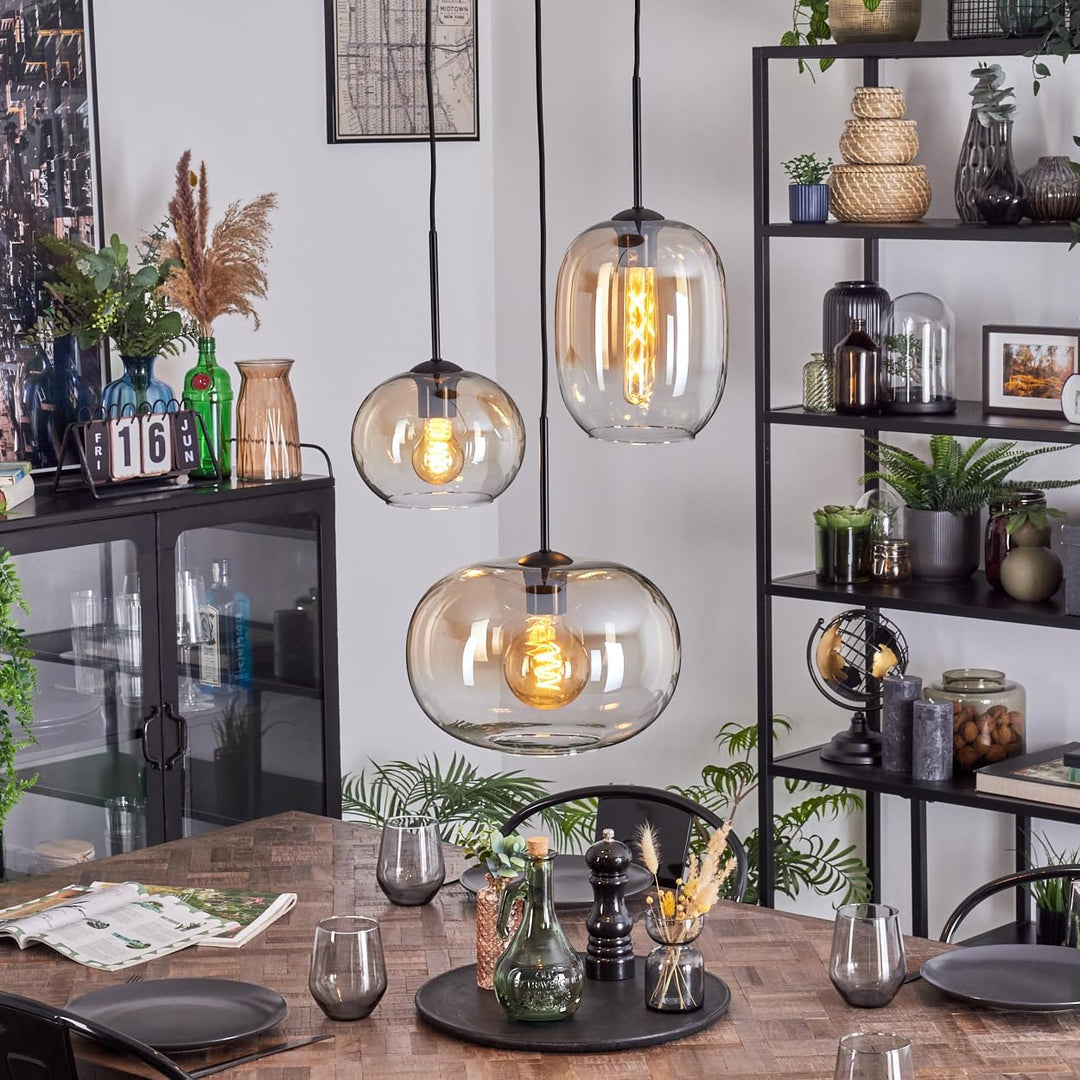 HOFSTEIN Hängeleuchte Apedo, 3-flammige Hängelampe aus Metall/Glas in Schwarz/Bernstein/Klar, modern