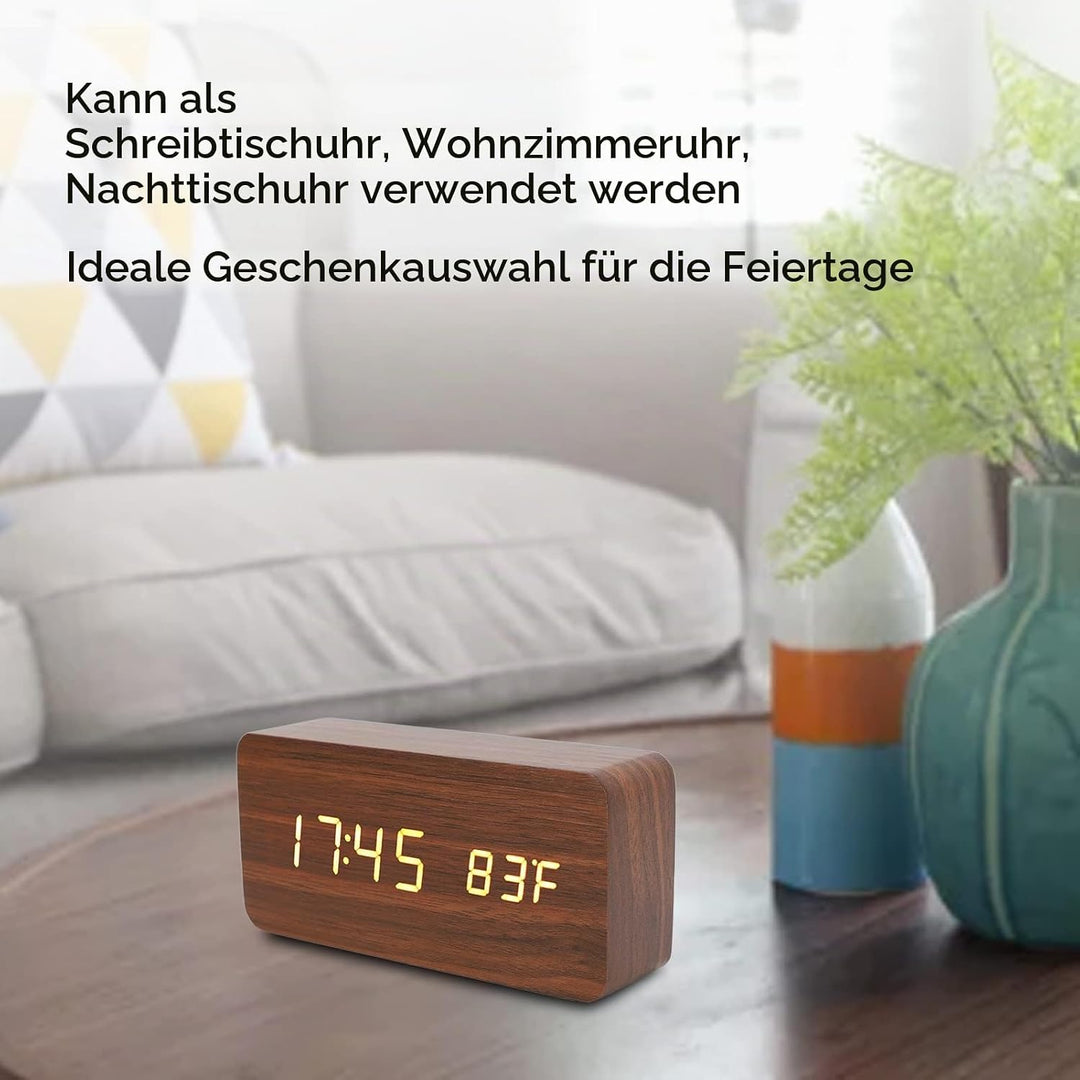 LED Tischuhr Holzoptik, Wecker Digital Funkuhr, Digitaler Wecker mit 3 Helligkeitsstufen, Elektronis