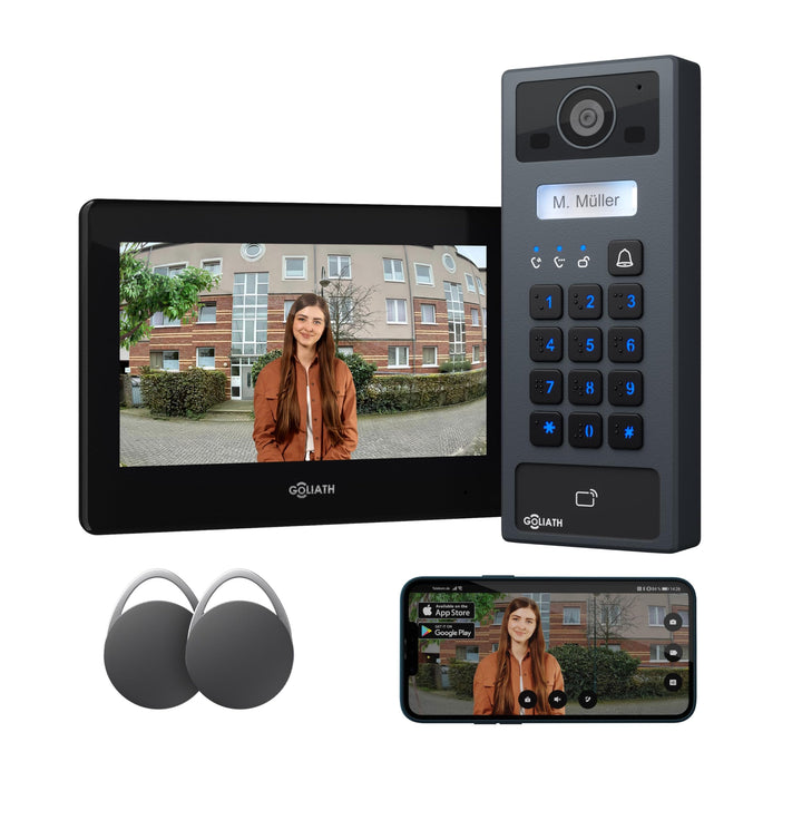 GOLIATH Basic 2-Draht Bus Video-Türsprechanlage, Full-HD, App-Steuerung, 7" Monitor in Schwarz, RFID