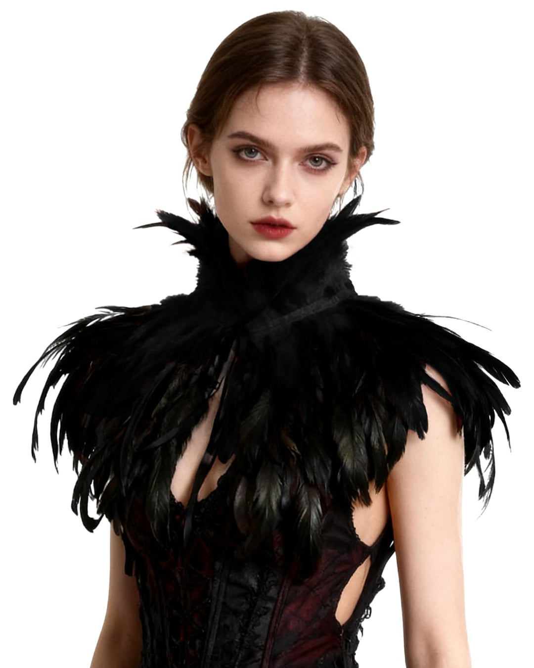 keland Schwarzer Gothic Victorian natürlicher Feder-Kap-Schal-Stola Poncho mit-Kragen, Schwarz