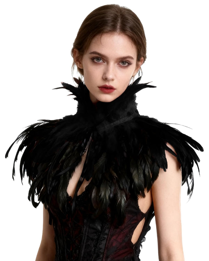 keland Schwarzer Gothic Victorian natürlicher Feder-Kap-Schal-Stola Poncho mit-Kragen, Schwarz