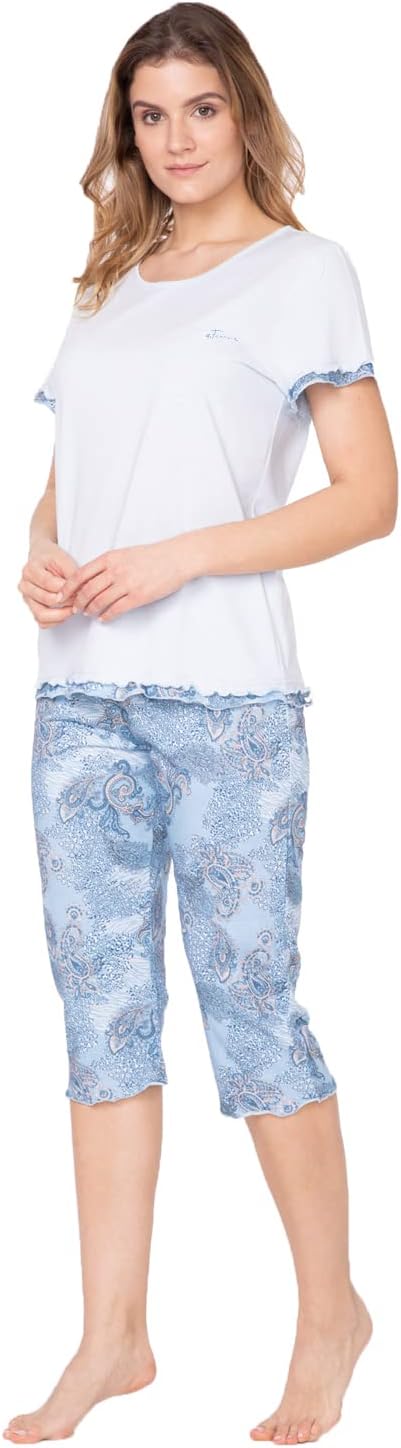 e.FEMME Damen Schlafanzug Marion 310, Kurzarm, aus 50% Baumwolle und 50% Modal 36 Blau/Druck, 36 Bla