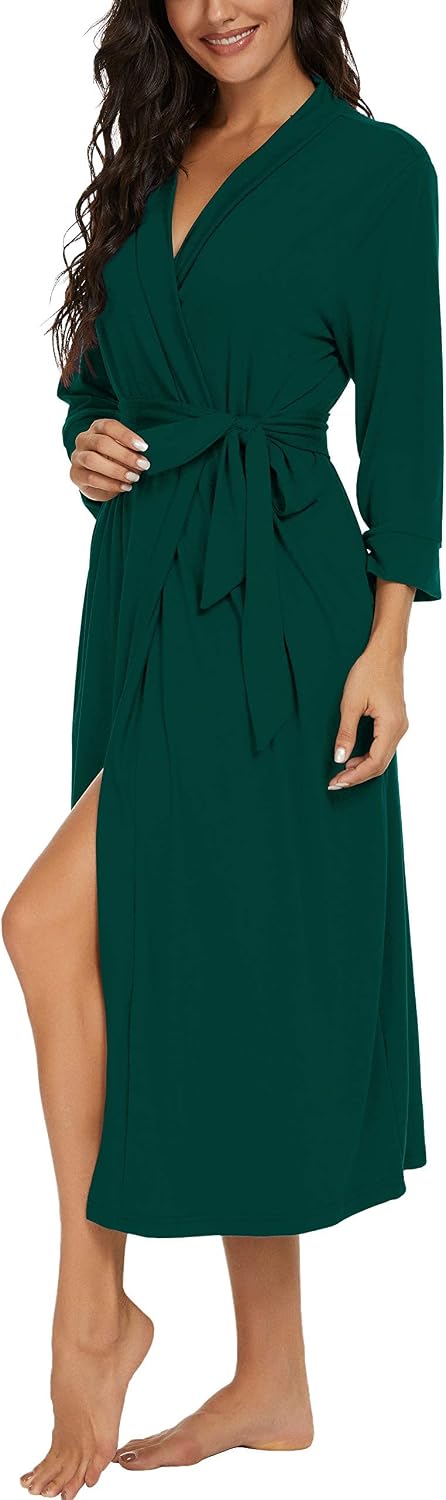 PrinStory Damen Bademantel Leichter 3/4 Ärmeln Morgenmantel V-Ausschnitt Kimono Roben Langes Nachtwä