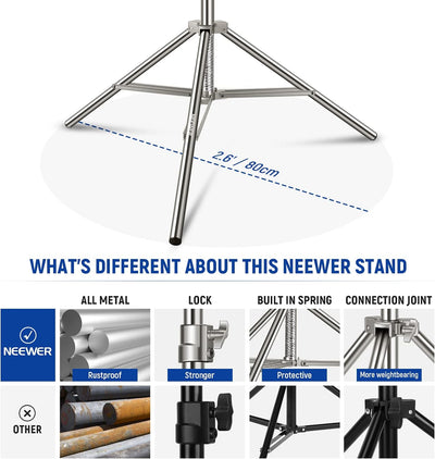 NEEWER 7,2Fuss/2,2m Edelstahl Lichtständer,gefederter Hochleistungs Stativständer für Fotografie mit
