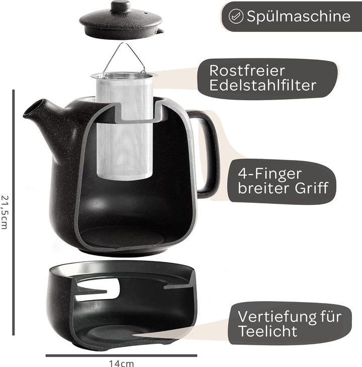 STEINZEIT Design Teekanne mit Stövchen (1,3L) – mit Siebeinsatz aus rostfreiem 304 Edelstahl – Keram