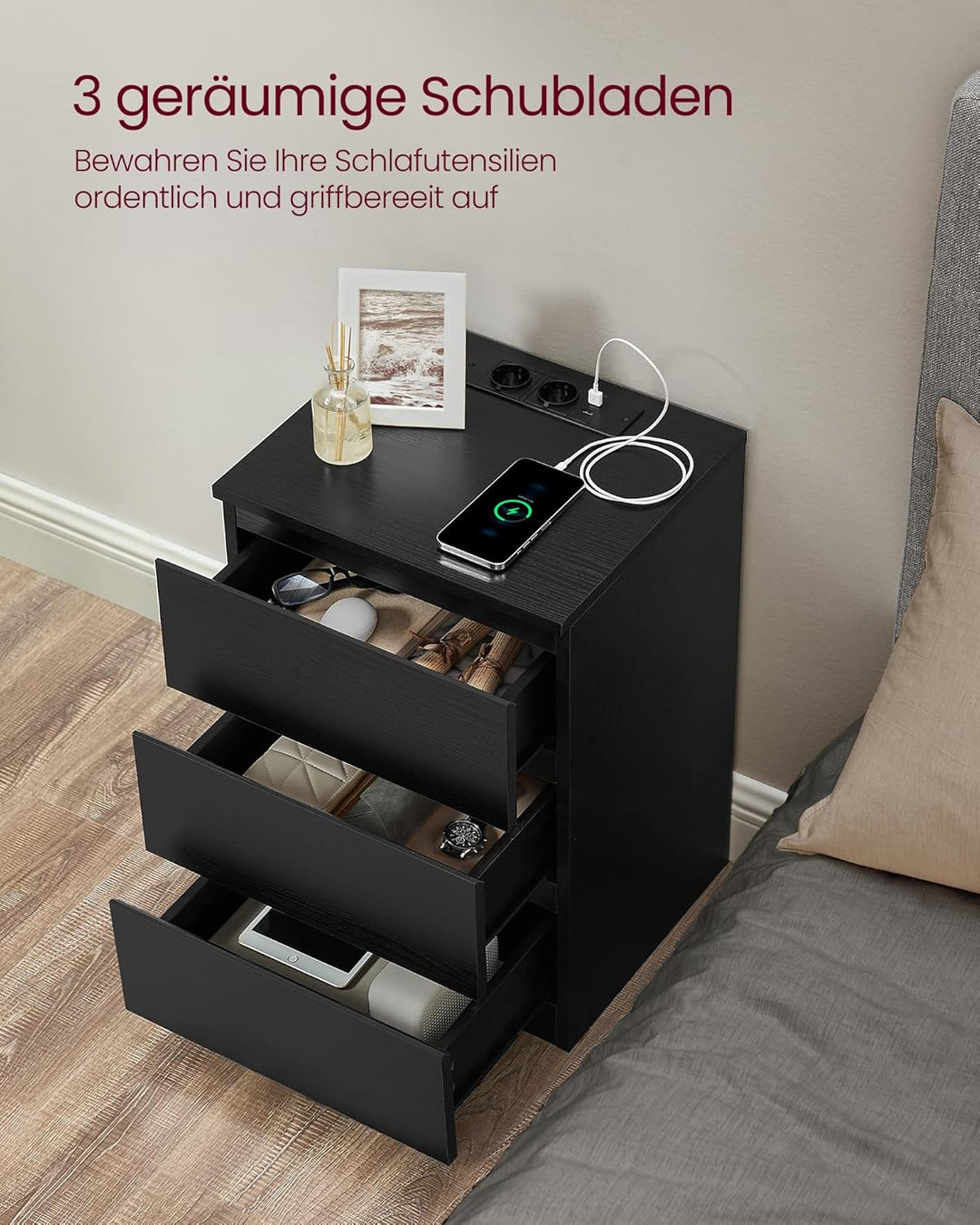 VASAGLE Kailyn Kollektion - Nachttisch mit Steckdosenleiste, 2er Set, Beistelltisch, 3 Schubladen, 2