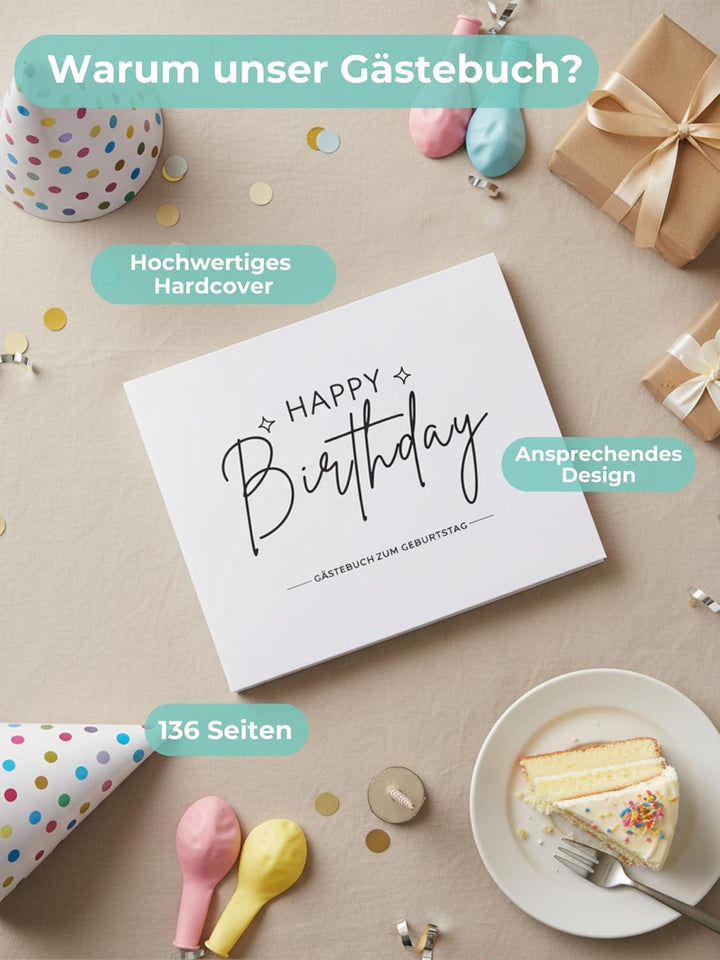 Gästebuch Geburtstag mit Fragen &amp; Blankoseiten zum Ausfüllen, Sticker, Weiss | für 18 30 40 50 60 70