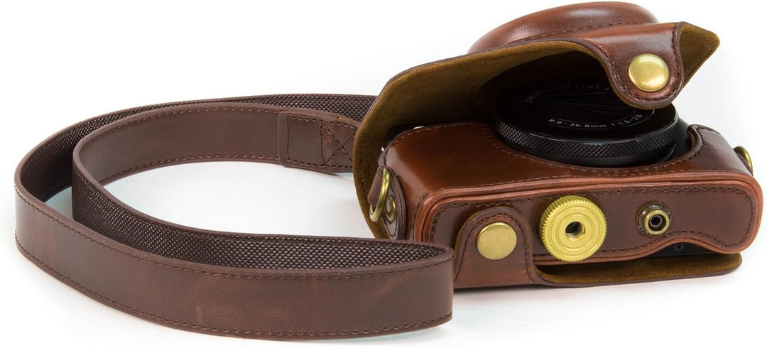 MegaGear Ever Ready Leder Kameratasche mit Trageriemen kompatibel mit Canon PowerShot G7 X Dunkelbra