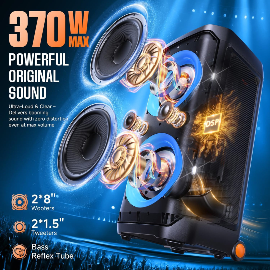 W-KING Tragbare Bluetooth-Lautsprecher-Box mit 370W MAX Pro Sound, Lichtshow, CSB, Bass Boost, Rolle