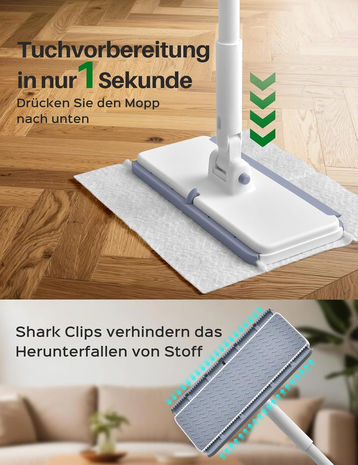 LyriFine Bodenwischer Set 2-in-1, Trocken- und Nasswischmopp mit One-Touch Abwurf, 1s Pad-Befestigun
