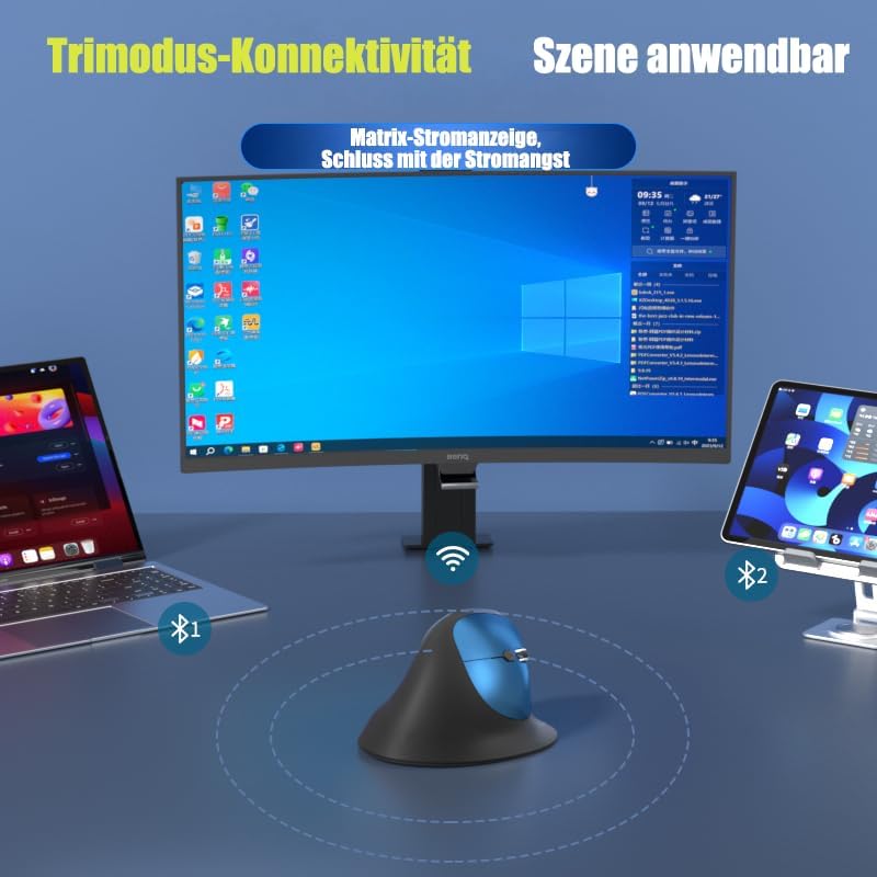 Funkmaus Ergonomisch 3 Modi [Bluetooth 5.2, 2.4 G, Kabelgebundene] Wireless Vertikale, Wiederaufladb