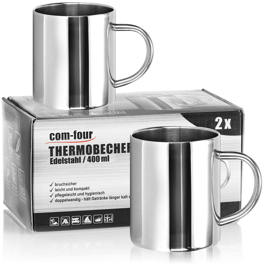 com-four® 2x Edelstahl Thermobecher - 400 ml je Becher - Isolierbecher doppelwandig - Kaffeetasse br