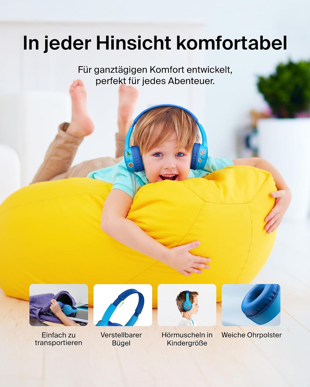 Belkin SoundForm Kopfhörer Kinder mit Kabel, USB-C auf 3,5-mm-Klinken Dongle, integriertes Mikrofon,