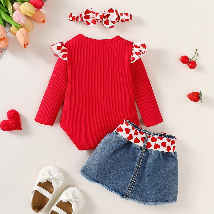 Vestiti Set per Neonata Manica Corta/Lunga Stampa a Lettere Tutina a Coste +Gonna in Denim Abbigliam