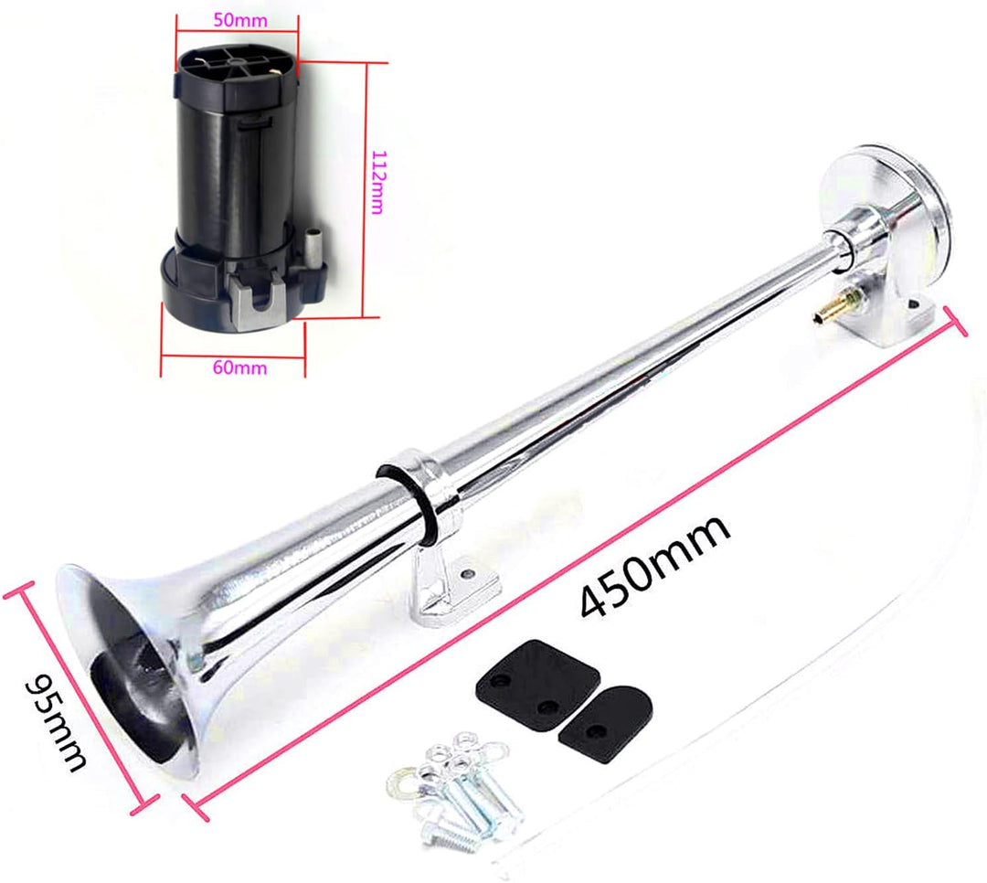 Yiyida Auto-Hupe, 12 V, 150 dB, 45 cm, Chrom, Zink, mit Kompressor, Einzelhorn-Hupe, für alle Fahrze