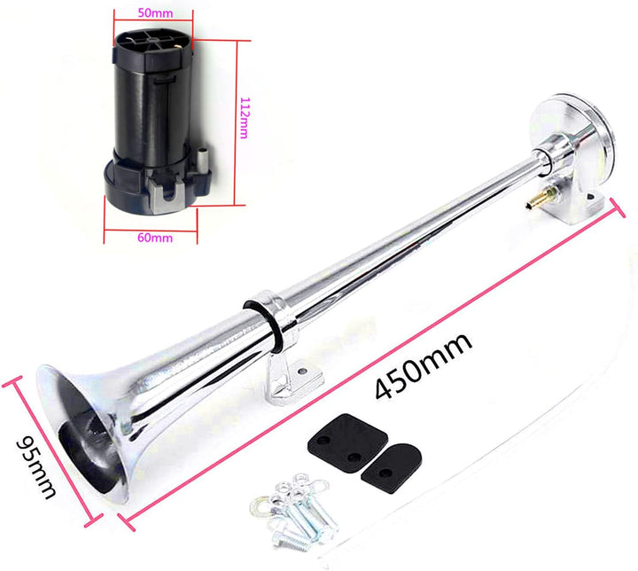 Yiyida Auto-Hupe, 12 V, 150 dB, 45 cm, Chrom, Zink, mit Kompressor, Einzelhorn-Hupe, für alle Fahrze