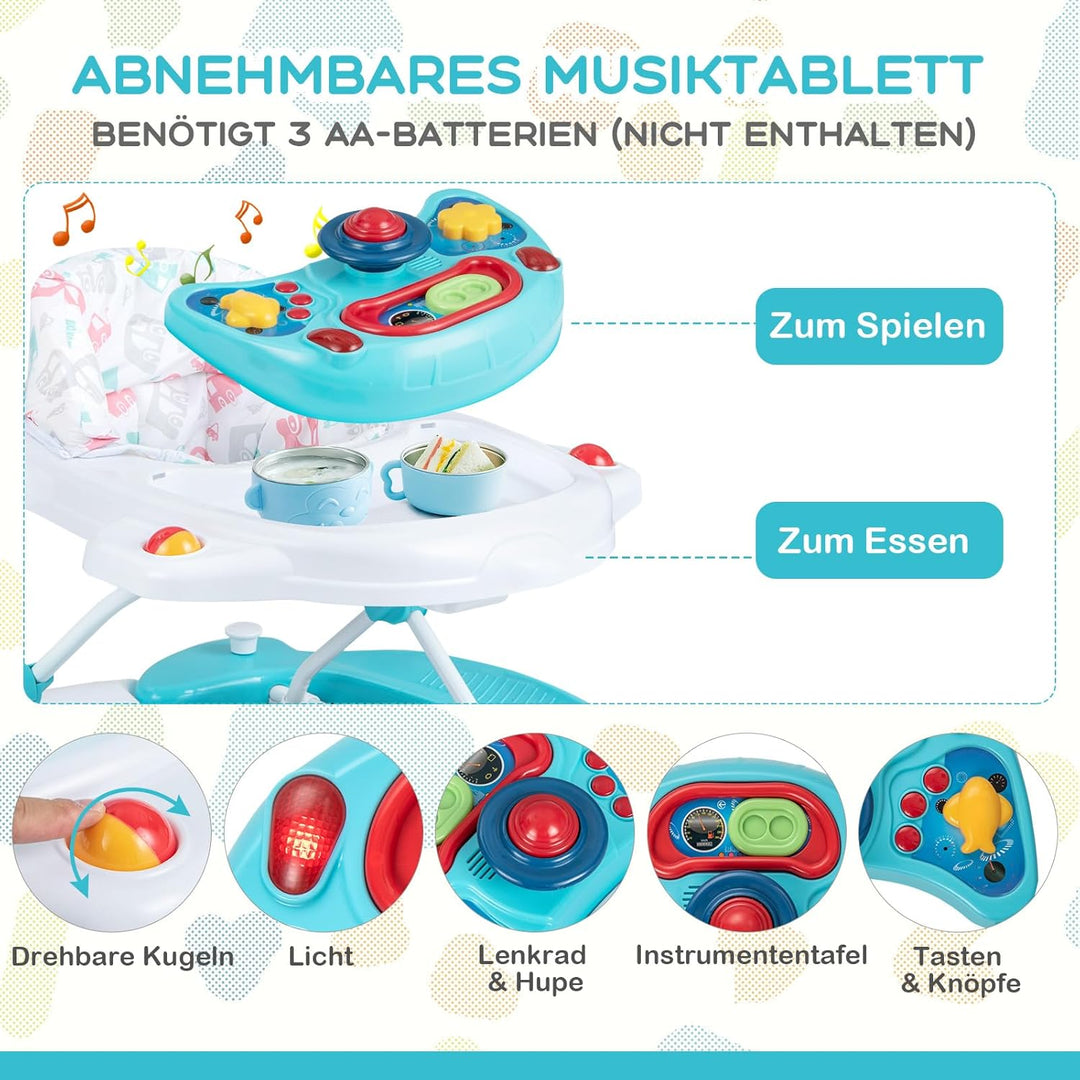 COSTWAY 6 in 1 Lauflernhilfe, Lauflernwagen mit abnehmbarem Spielboard & Fusspolster, Baby Walker hö