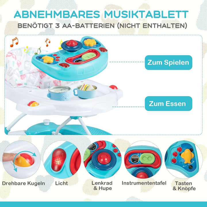 COSTWAY 6 in 1 Lauflernhilfe, Lauflernwagen mit abnehmbarem Spielboard & Fusspolster, Baby Walker hö