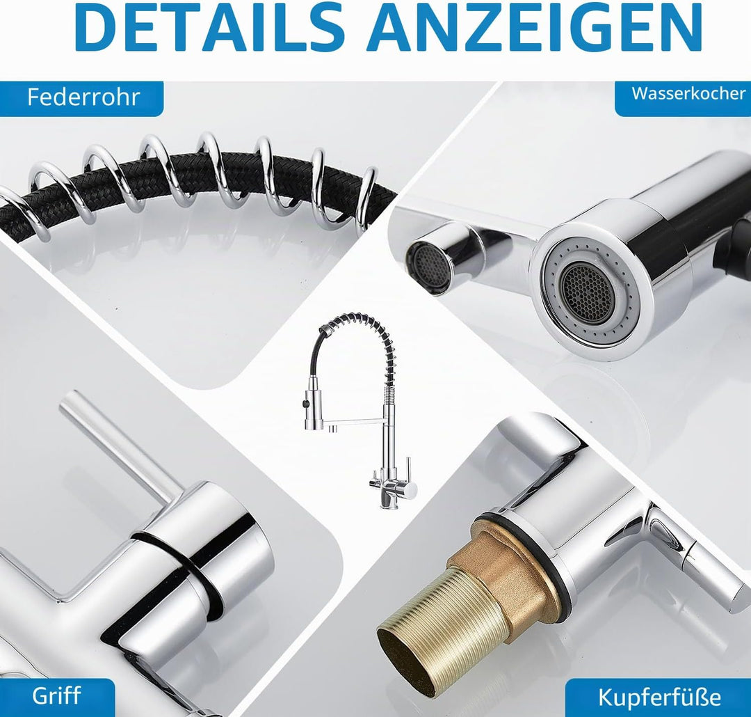3-Wege-Küchenarmatur, 360° drehbarer Mischbatterie, Spültischmischer mit flexiblem Auslauf, Küchensp