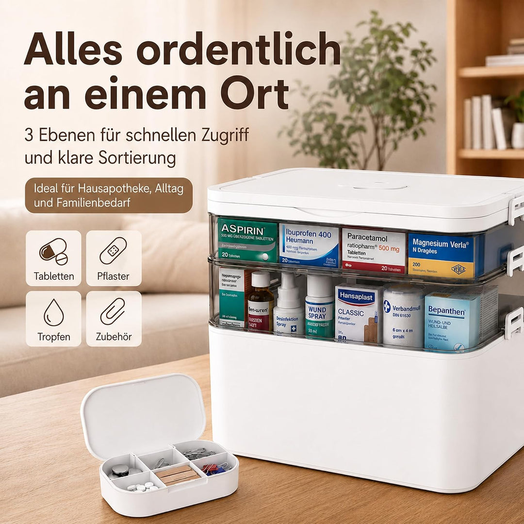 Medikamentenbox Gross Hausapotheke Leer, 3-Ebenen Erste-Hilfe-Kasten Aufbewahrungsbox mit Transparen