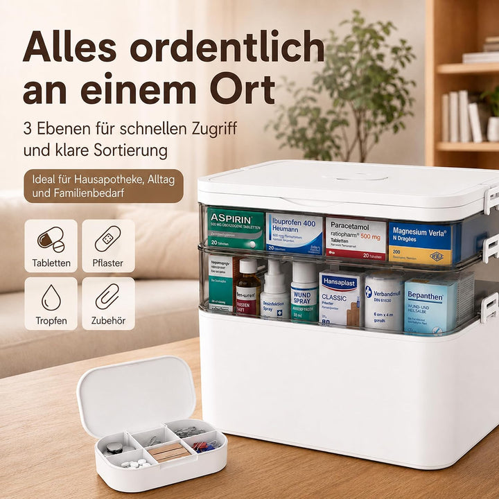 Medikamentenbox Gross Hausapotheke Leer, 3-Ebenen Erste-Hilfe-Kasten Aufbewahrungsbox mit Transparen