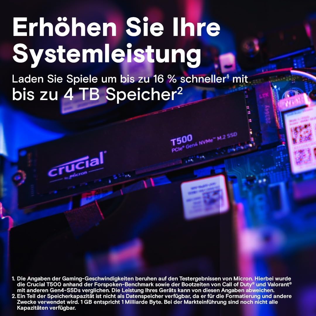 Crucial T500 500GB PCIe Gen4 NVMe M.2 Interne Gaming SSD, bis zu 7200MB/s, Laptop und Desktop kompat