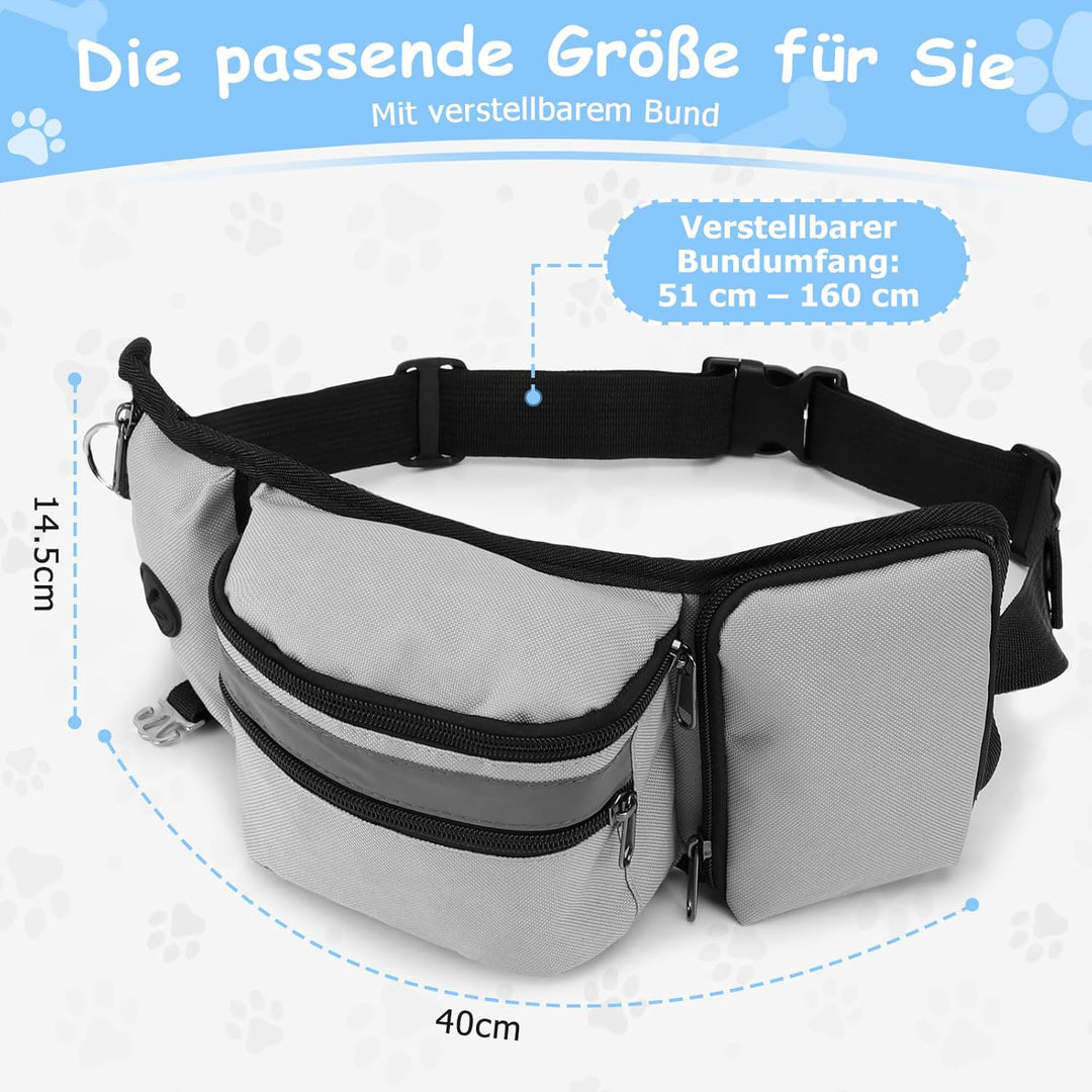 Leckerlibeutel Hundetraining, Robuste Bauchtasche mit Kotbeutelspender, Flaschenhalter, Reflektor &