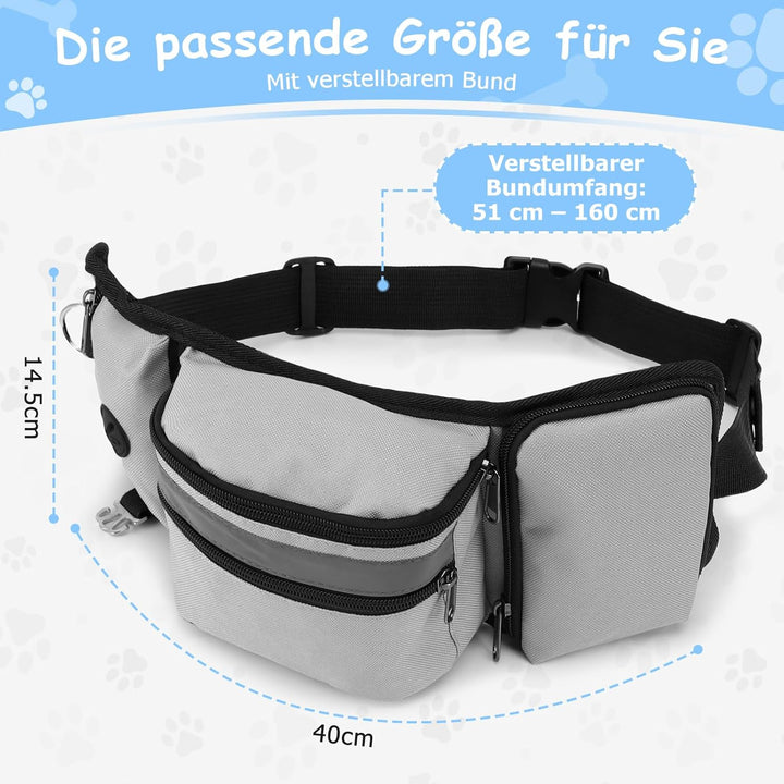 Leckerlibeutel Hundetraining, Robuste Bauchtasche mit Kotbeutelspender, Flaschenhalter, Reflektor &