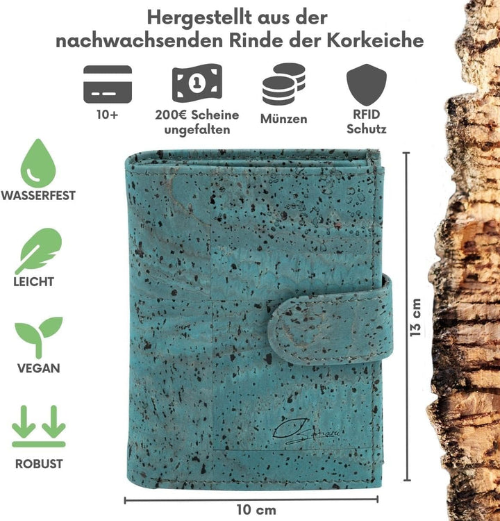 Simaru Damen Geldbörse aus Kork mit RFID-Schutz, Veganes Portemonnaie für 10+ Karten, Scheine & Münz