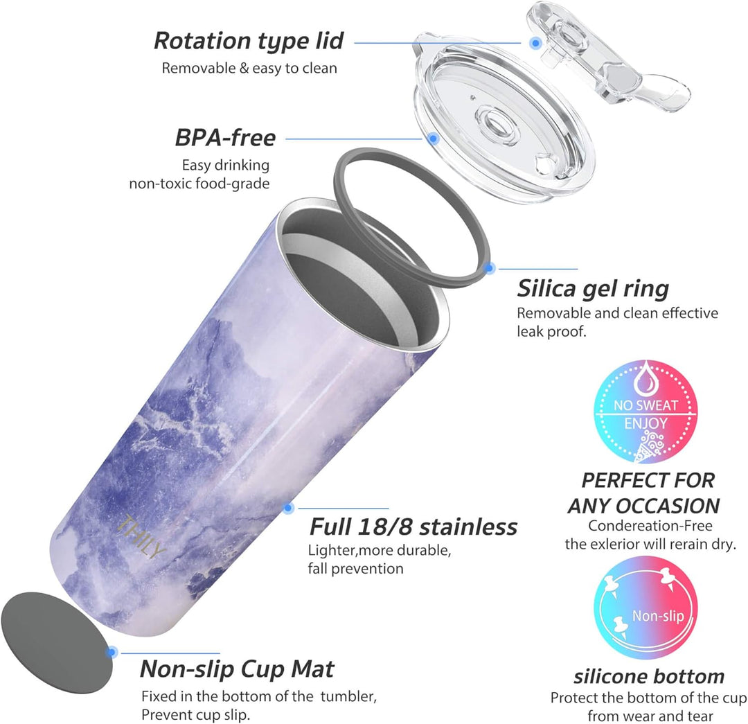 Thily Thermobecher aus Edelstahl, vakuumisoliert, 780ml, Kaffeetasse mit 2 Deckeln und Strohhalmen,